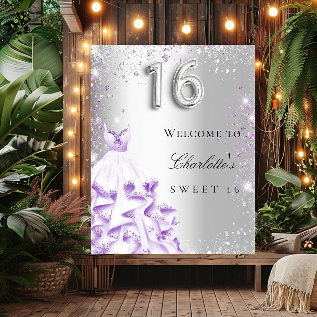 Poster Sweet 16 parties scintillant violet argent robe bi (Créateur téléchargé)