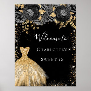 Poster Sweet 16 robe or noir accueil fleuri