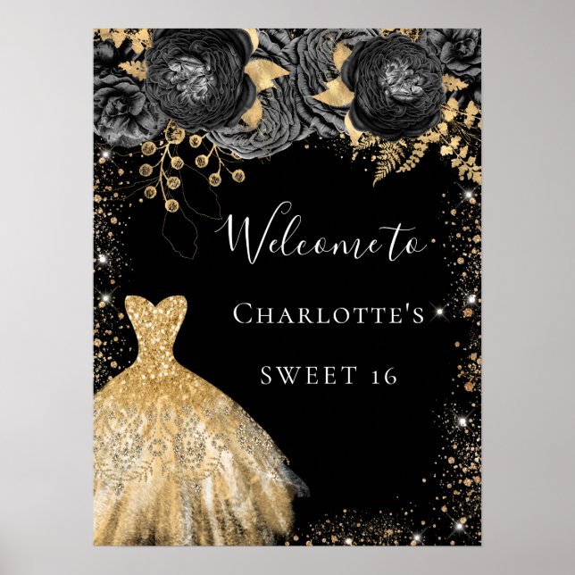 Poster Sweet 16 robe or noir accueil fleuri (Devant)