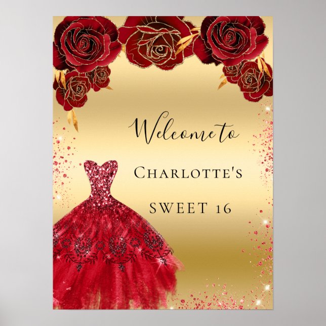 Poster Sweet 16 robe rouge or accueil fleuri (Devant)