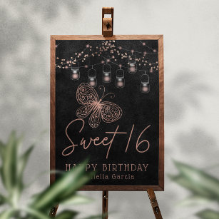 Poster Sweet 16 Rose Gold Butterfly Chic Moderne Annivers