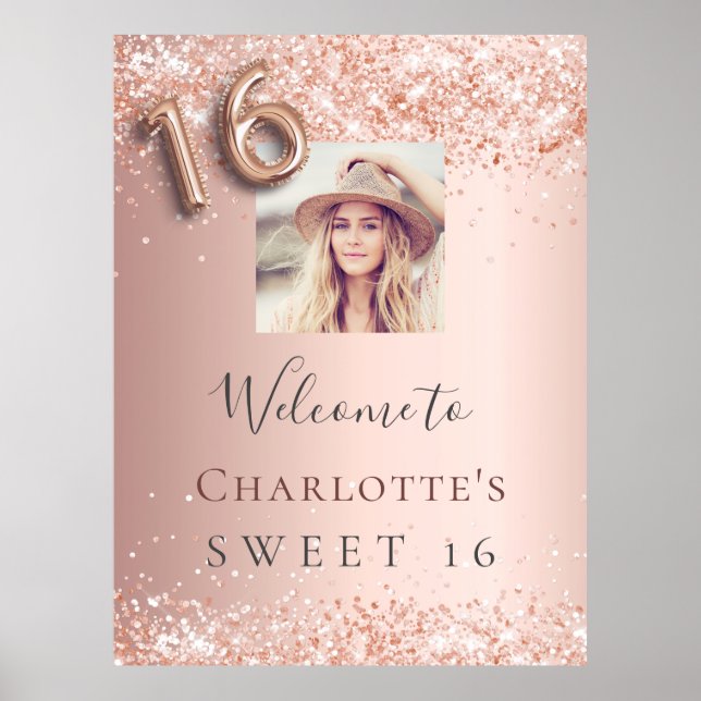 Poster Sweet 16 rose or parties scintillant photo bienven (Devant)