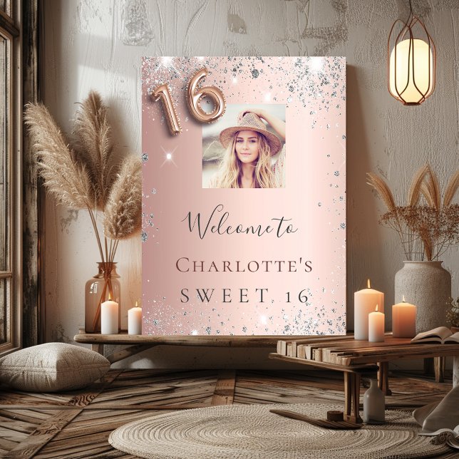 Poster Sweet 16 rose or photo argent parties scintillant  (Créateur téléchargé)