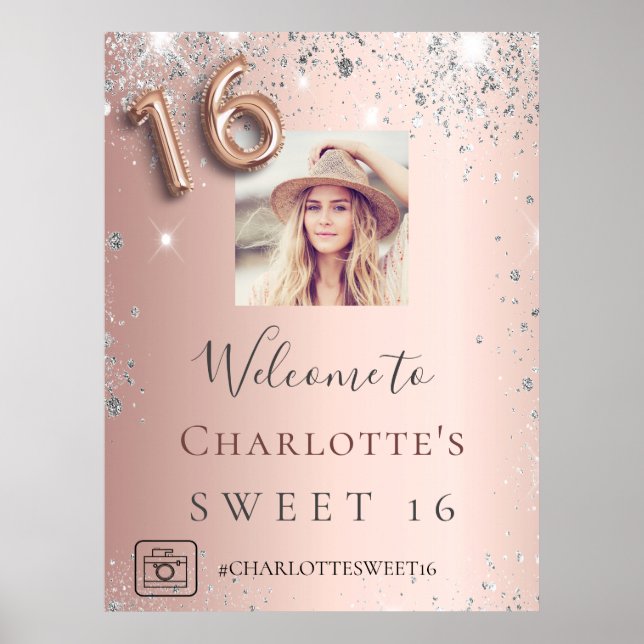 Poster Sweet 16 rose or photo argent parties scintillant  (Devant)