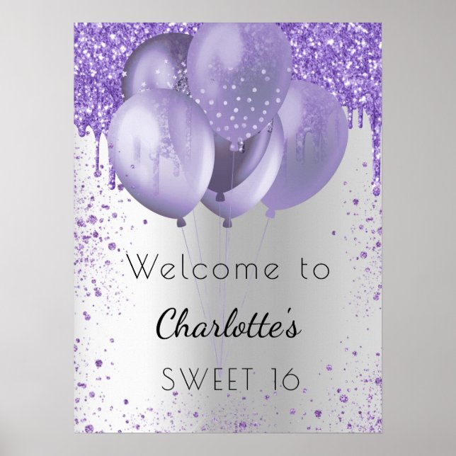 Poster Sweet 16 violet parties scintillant argent ballons (Devant)