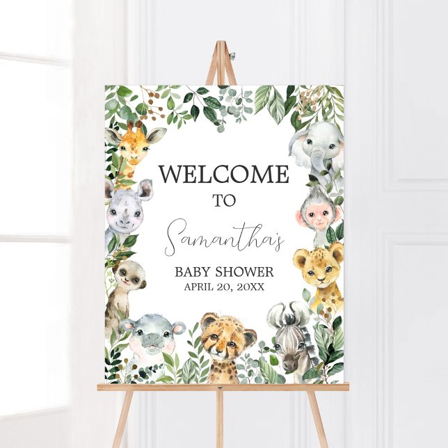 Poster Sweet Baby Boy Safari Baby shower Bienvenue (Greenery Safari Animals Baby Shower Welcome Sign)