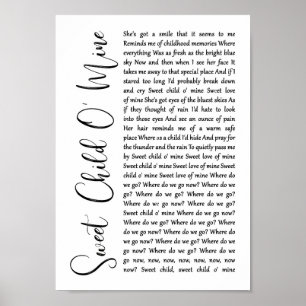 Poster Sweet Child O' Mine Blanc Script Chanson Lyrique I