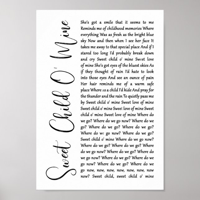 Poster Sweet Child O' Mine Blanc Script Chanson Lyrique I (Devant)