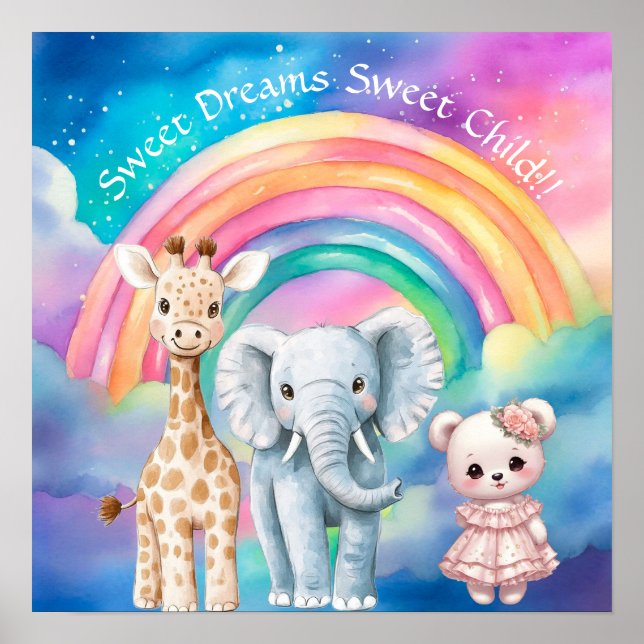 Poster Sweet Dreams Rainbow Elephant & Giraffe Nursery  (Devant)