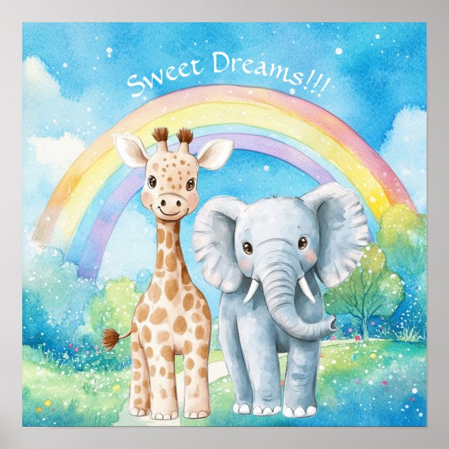 Poster Sweet Dreams Rainbow Elephant & Giraffe Nursery  (Devant)
