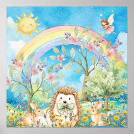 Poster Sweet Dreams Rainbow Hedgehog & Rabbits Nursery 