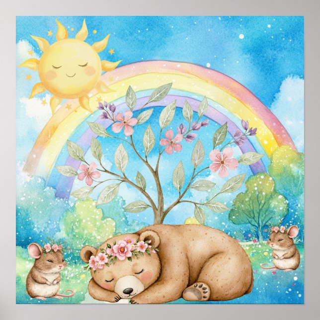 Poster Sweet Dreams Rainbow Sleepy Bear & Mice Nursery  (Devant)