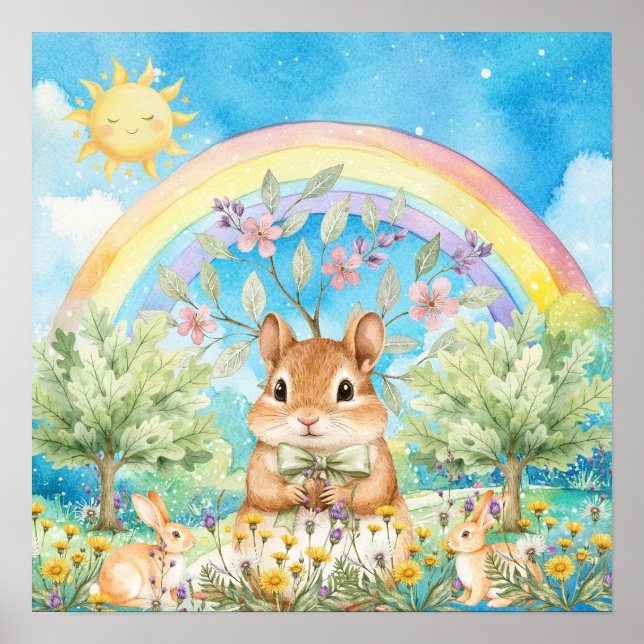 Poster Sweet Dreams Rainbow Squirrel & Rabbits Nursery  (Devant)