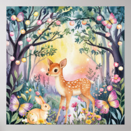 Poster Sweet Dreams Woodland Deer & Rabbits Nursery 