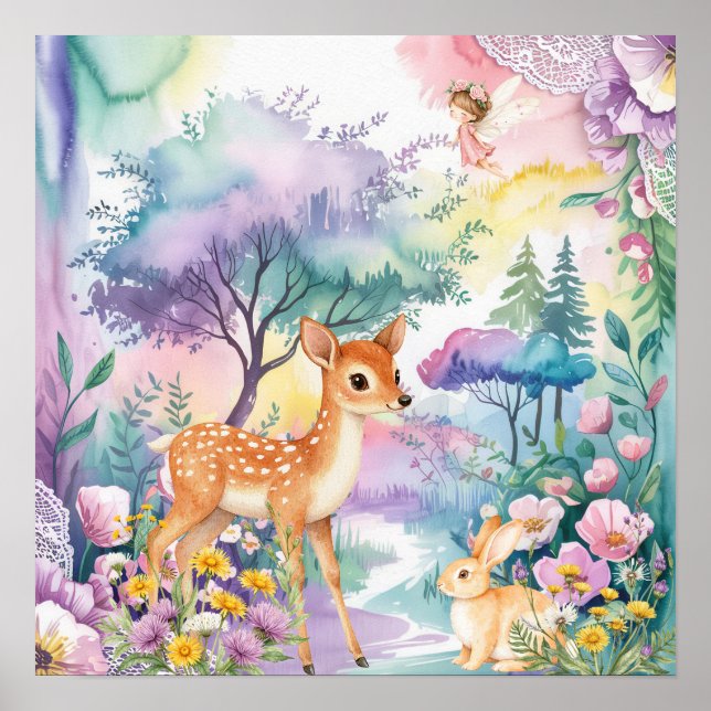 Poster Sweet Dreams Woodland Deer & Rabbits Nursery  (Devant)