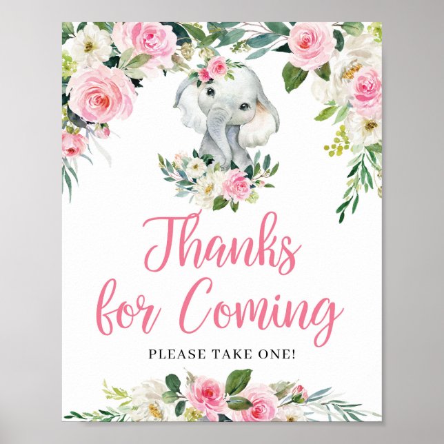 Poster Sweet Elephant bleu rose floral merci d'être venu (Devant)