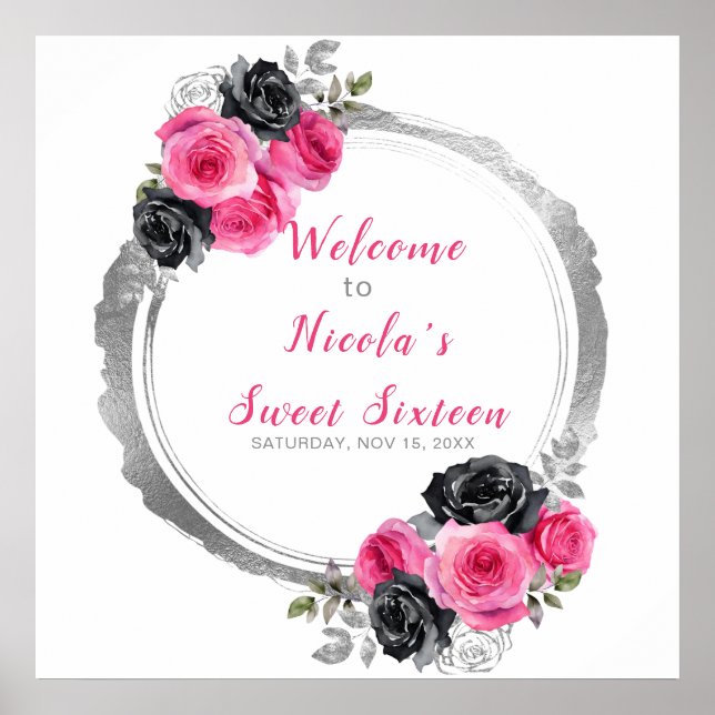 Poster Sweet sixteen à fleurs élégant rose et argent chau (Devant)