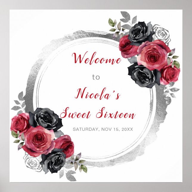 Poster Sweet sixteen à fleurs élégant rouge et argent (Devant)