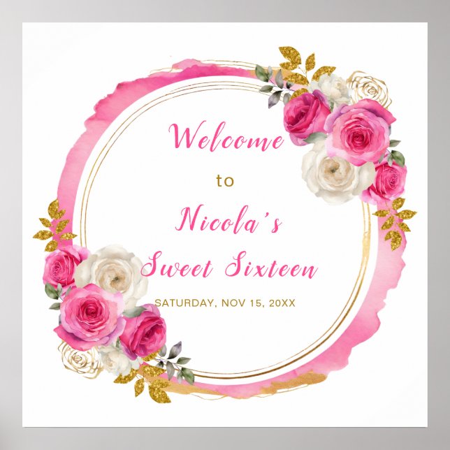 Poster Sweet sixteen à fleurs élégantes roses et or chaud (Devant)