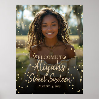 Poster Sweet sixteen anniversaire or diamants signe de bi