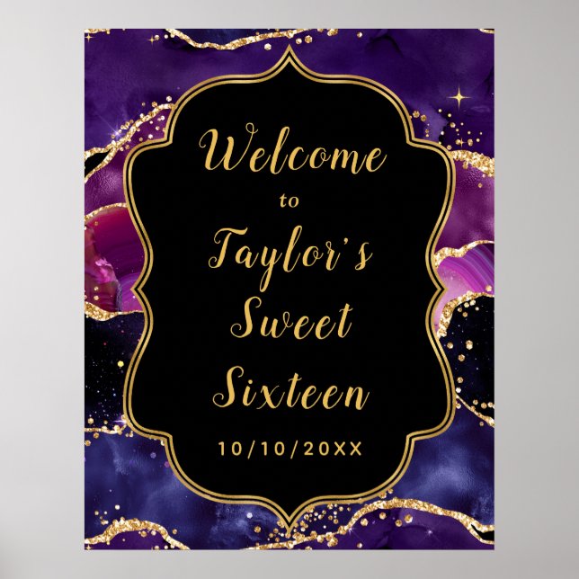Poster Sweet sixteen d'agate de séquences d'or violet (Devant)