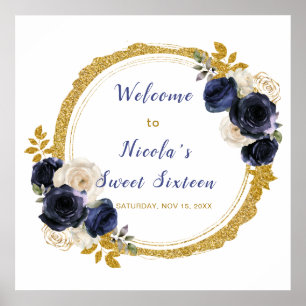 Poster Sweet sixteen de fleurs élégantes bleu marine et o