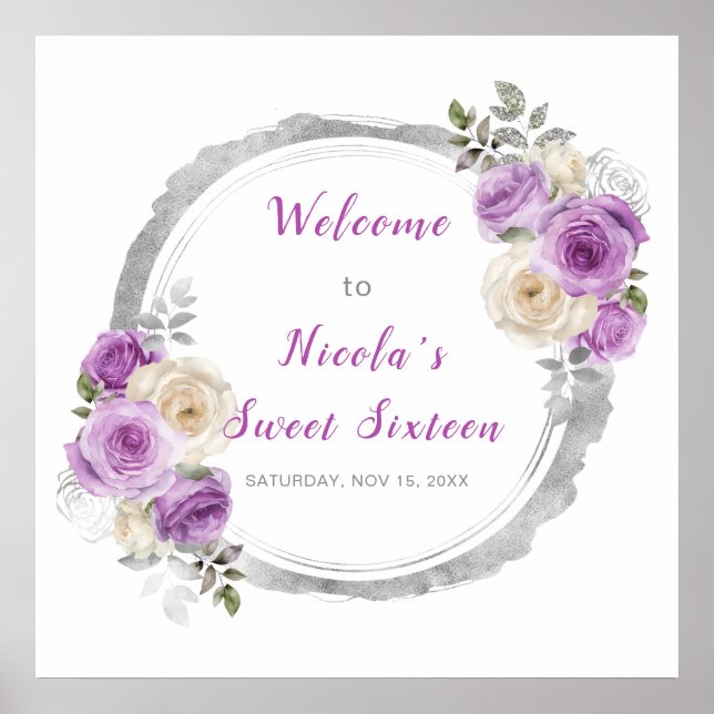 Poster Sweet sixteen de fleurs élégantes violet et argent (Devant)