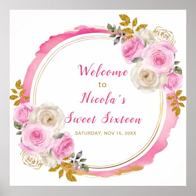 Poster Sweet sixteen de fleurs rose et or brillant (Devant)