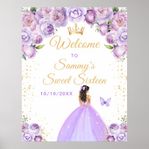 Poster Sweet sixteen Princesse Brunette violette Bienvenu