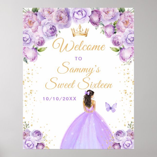 Poster Sweet sixteen Princesse Brunette violette Bienvenu (Devant)