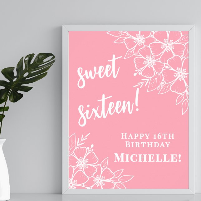 Poster Sweet sixteen Rose 16ème fête d'anniversaire (Sweet Sixteen Pink 16th Birthday Party Poster)