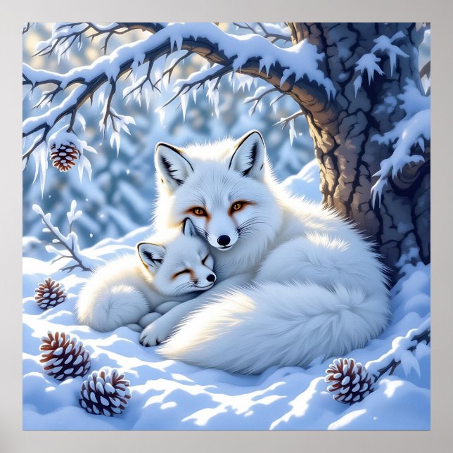 Poster Sweet White Foxes in the Snow (Devant)