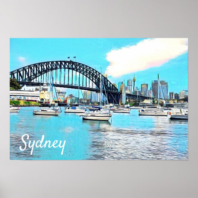 Poster Sydney Harbour Bridge bleu ciel avec yachts (Devant)