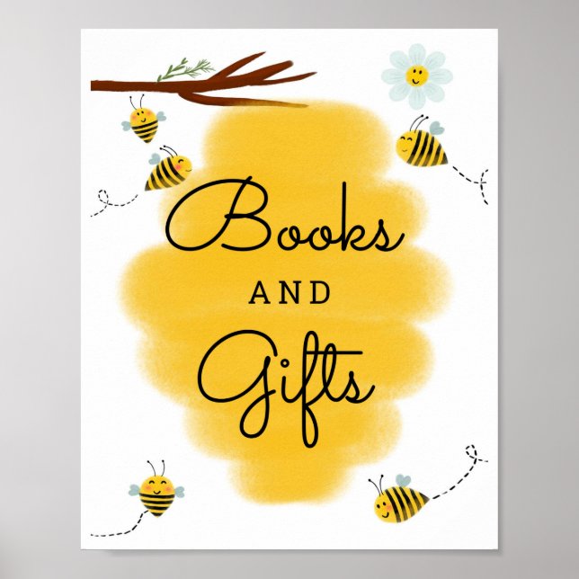 Poster Symbole Baby shower à thème abeille Livres et cade (Devant)