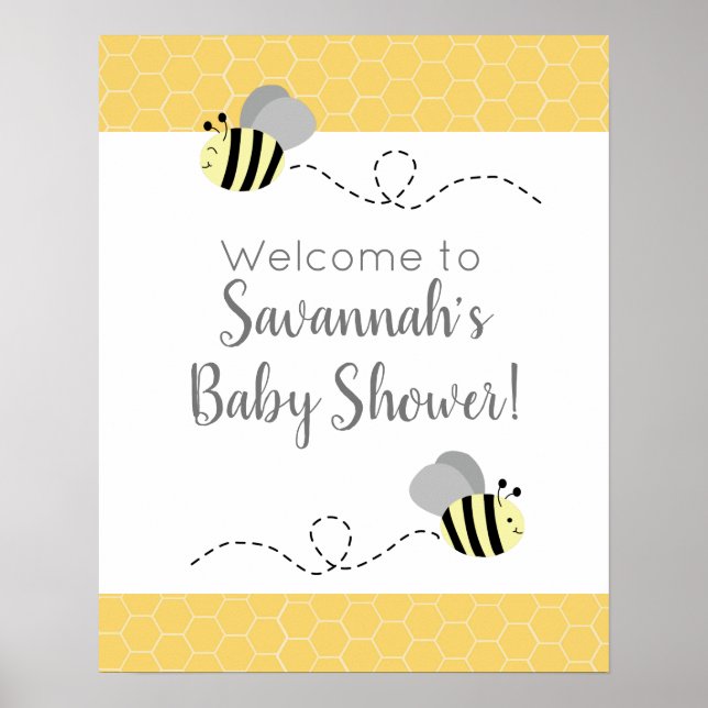 Poster Symbole Baby shower de l'abeille gris et jaune (Devant)