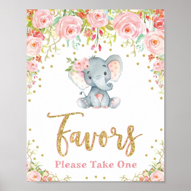 Poster Symbole Baby shower éléphant Faveur rose Roses Fil (Devant)