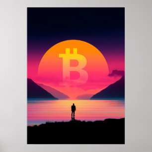 Poster Symbole Bitcoin coucher de soleil rétros 80s