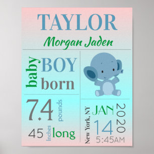 Poster Symbole bleu bébé garçon naissance avec éléphant