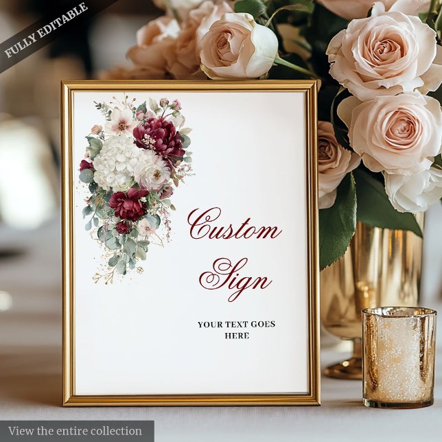 Poster Symbole Boho Bourgogne Blanc Floral Mariage (Stylish Boho Burgundy White Floral Wedding Sign)