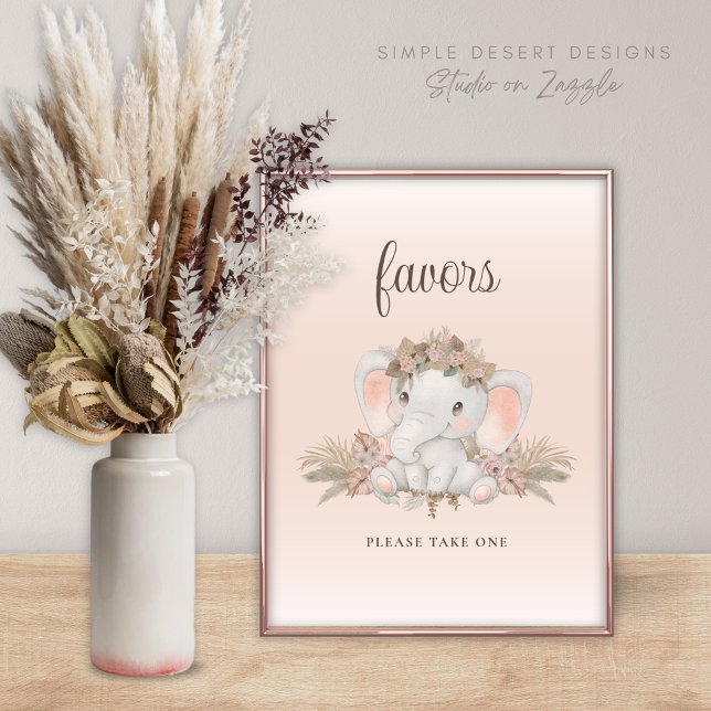 Poster Symbole Boho Floral Elephant Baby shower Faveurs (Cute Boho Baby Shower Favors Sign with Elephant Pampas Grass and Simple Floral Design)