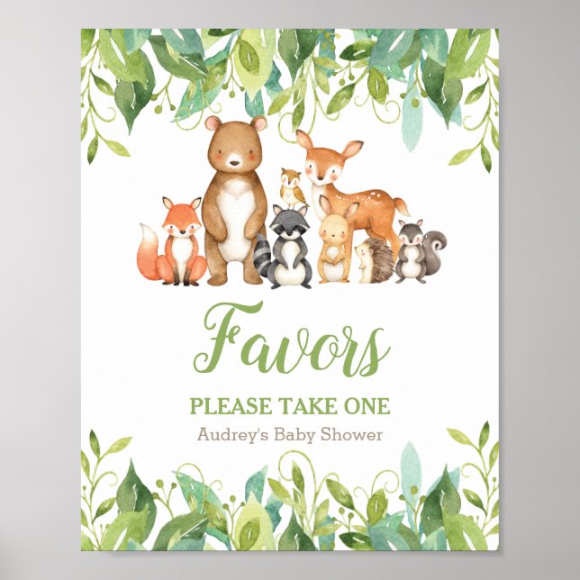 Poster Symbole Bois Animaux Baby shower vert Faveurs (Devant)