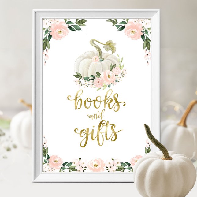 Poster Symbole Citrouille de Baby shower Floral Livres et (Créateur téléchargé)