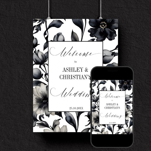 Poster Symbole d'accueil de mariage noir et blanc (Black and white vintage flowers simple elegant wedding template welcome sign digital download)
