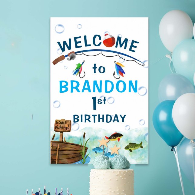 Poster Symbole d'anniversaire d'anniversaire de l'O-fish (Fishing themed boy 1st birthday party welcome sign. O-fish-ally, little fisherman birthday decor.)