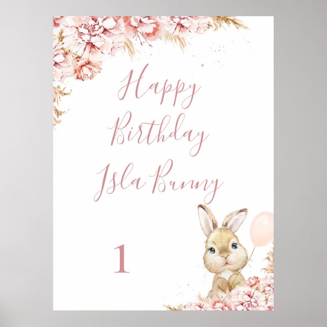 Poster Symbole d'anniversaire du lapin floral Boho (Devant)