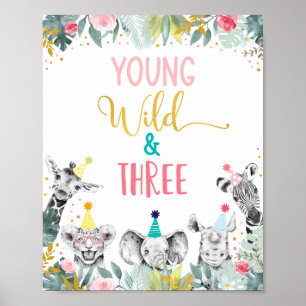 Poster Symbole d'anniversaire d'un animal sauvage et troi