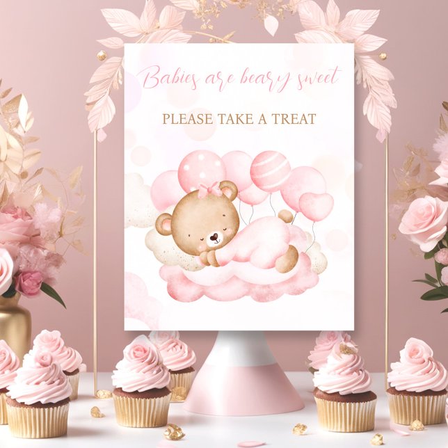 Poster Symbole de Baby shower préféré de l'ours rose fill (Girl pink Bear Baby Shower Favor Sign)