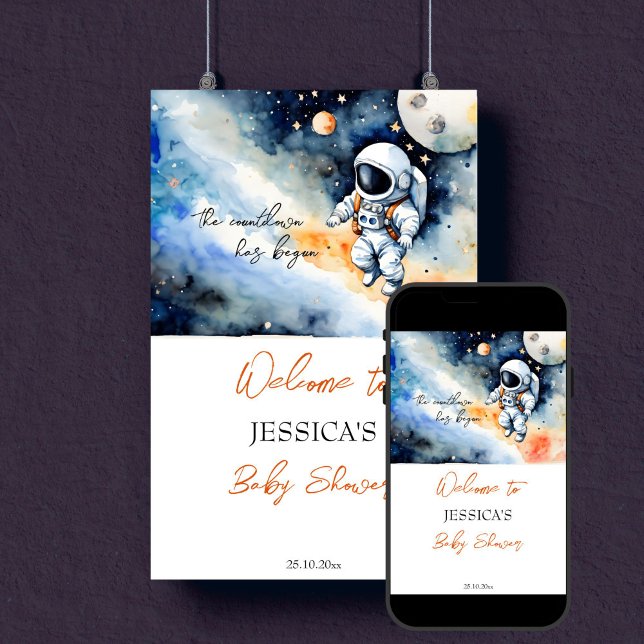 Poster Symbole de bienvenue de l'astronaute spatiale (Outer space astronaut baby shower editable template welcome sign poster digital download watercolor)