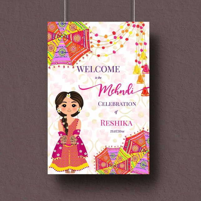 Poster Symbole de bienvenue de Mehndi mignon mariée (Mehndi welcome sign poster instant download Indian decoration umbrellas tassle henna bride)