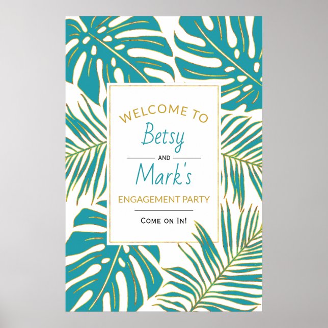 Poster Symbole de bienvenue feuille turquoise or mariage (Devant)